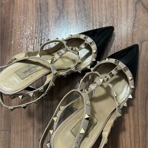 Valentino Garavani Black and Beige Heels with Gold Accents